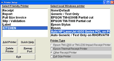 Printer Setup screen
