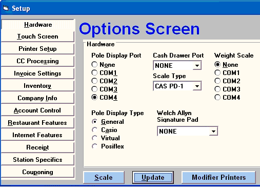 Option Screen for           POS software